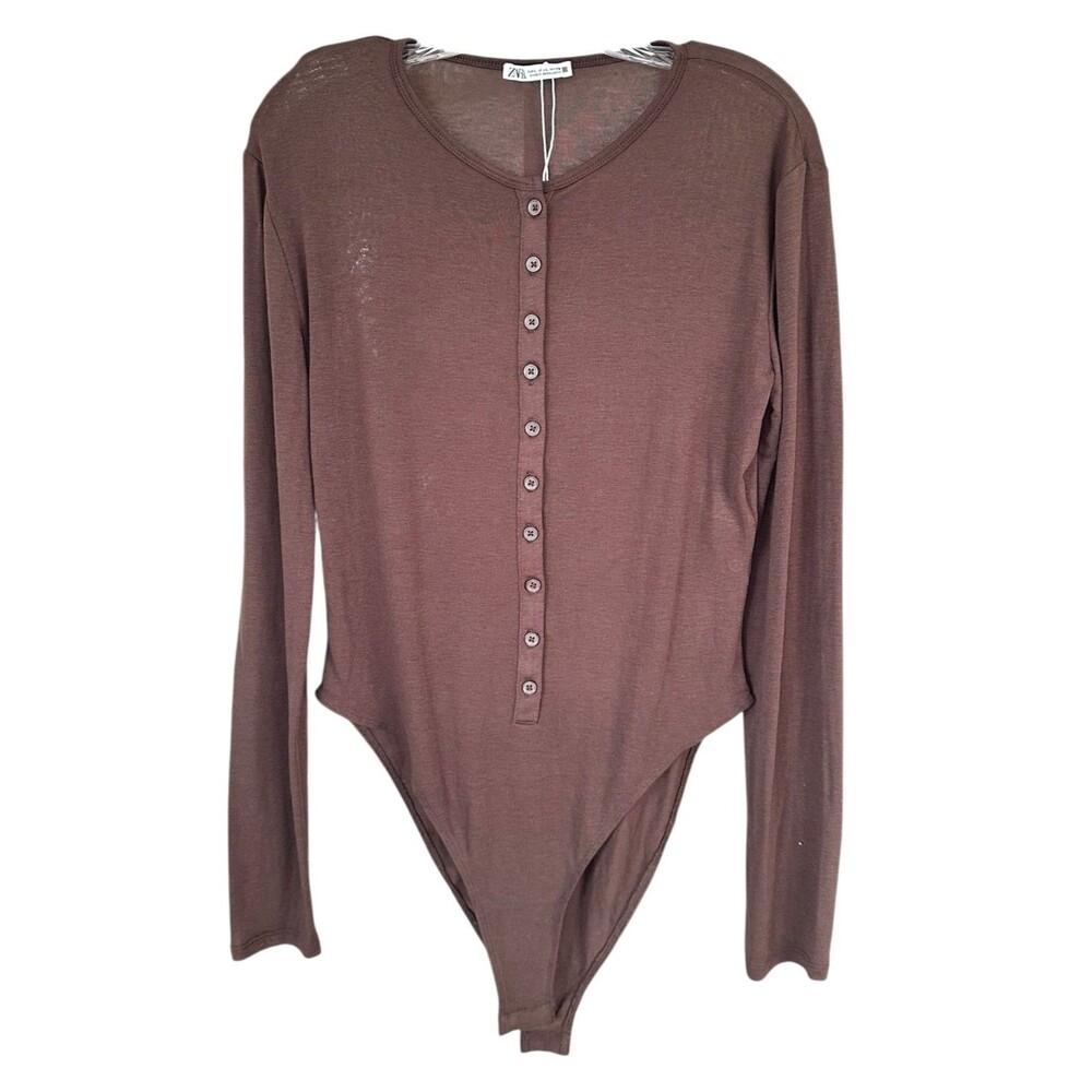 Zara Women's Bodysuit Long Sleeve Sheer w/ Buttons Size L Brown
